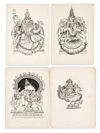 (HINDU DEITIES and DASHAVATARA.) Group of 24 miniature ink and watercolor drawings with Anglicized captions.